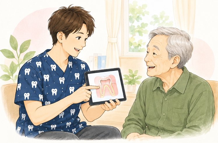 訪問歯科スタッフが患者さまにお口の状態を説明している様子