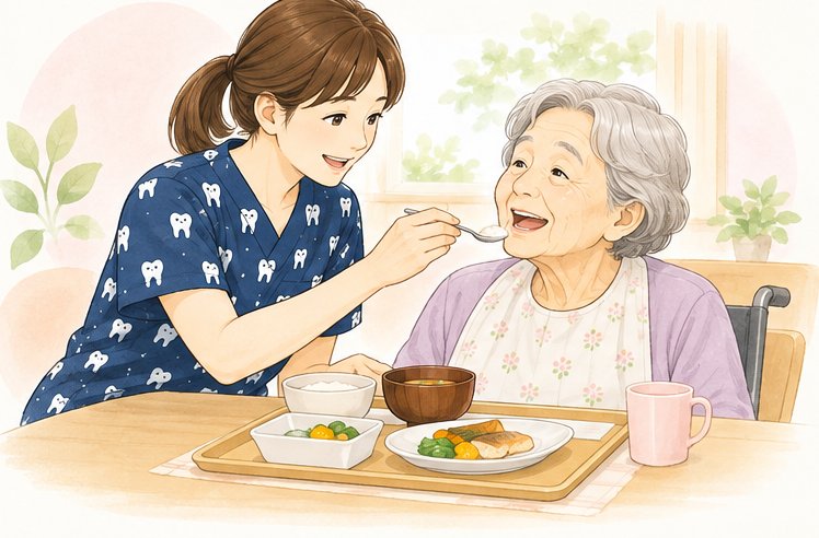 食事の場面を確認しながらサポートする訪問歯科スタッフ