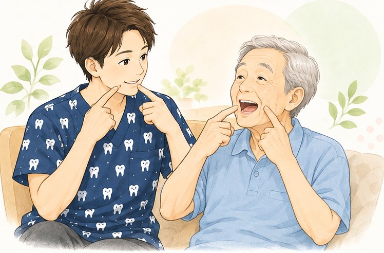 口腔機能訓練を行う訪問歯科スタッフと患者さま
